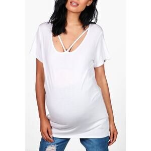 Maternity White Viscose T-Shirt Tee Casual Ruched Strappy Front Stretch US 6 M